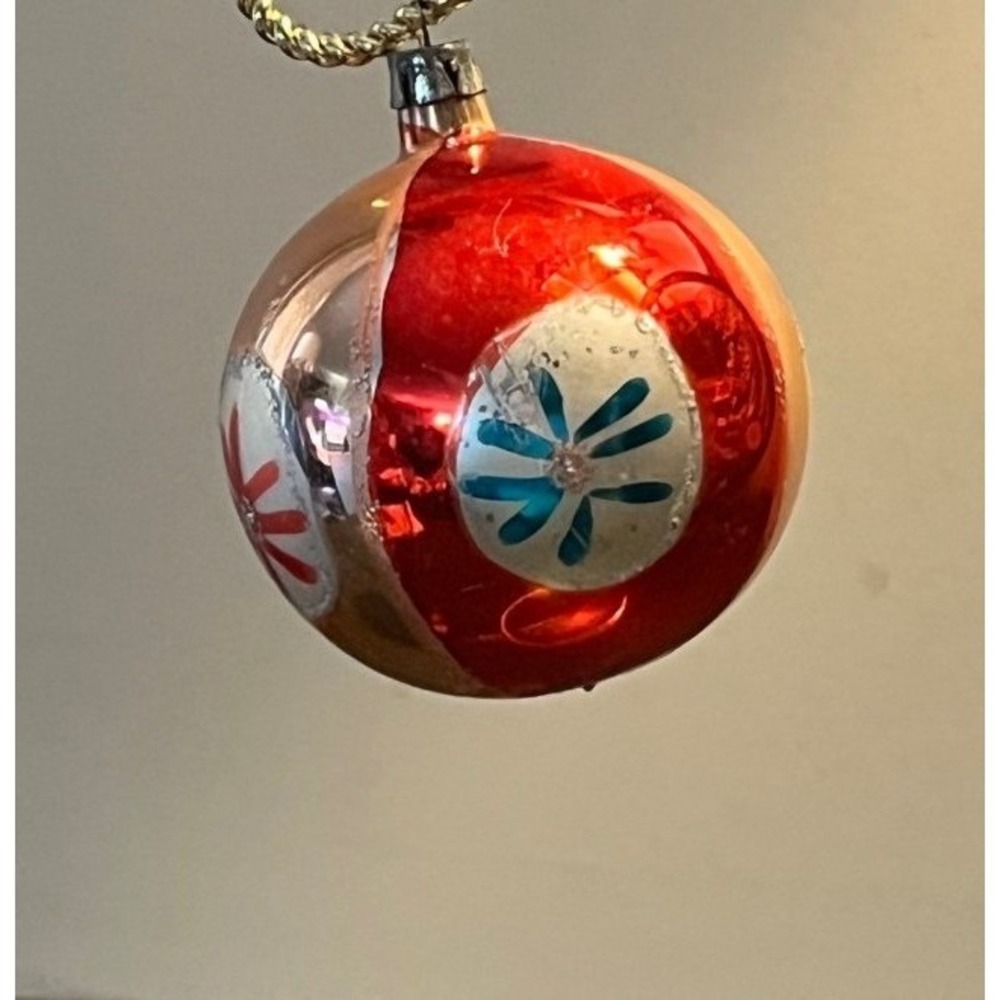 Vintage Poland Glass Christmas Ornament 2.75" Red Gold Floral Mica Glitter